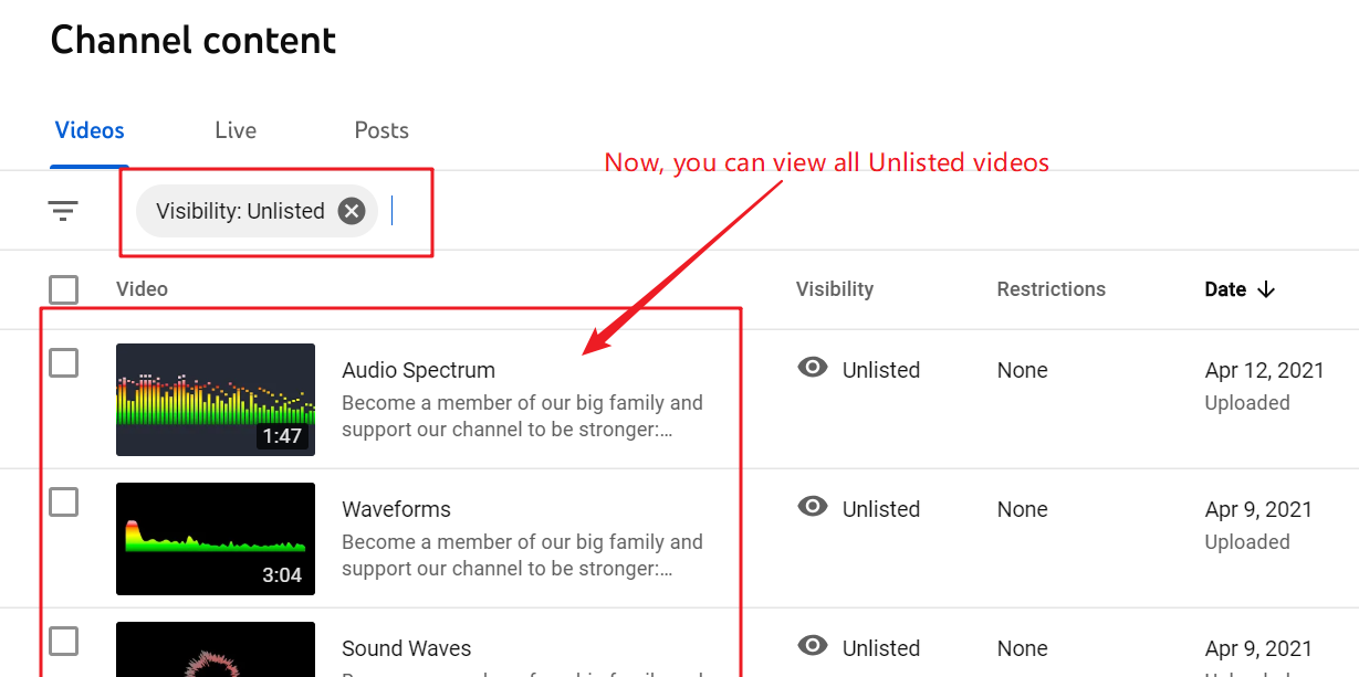 How do i view my unlisted videos sale on youtube