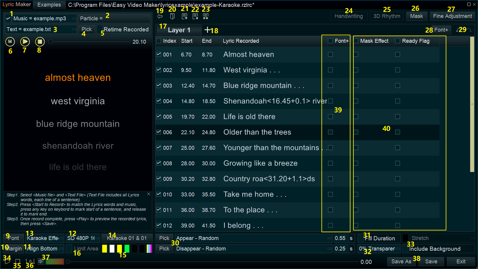 Detailed explanation of Karaoke/Lyric Video Maker UI functions?